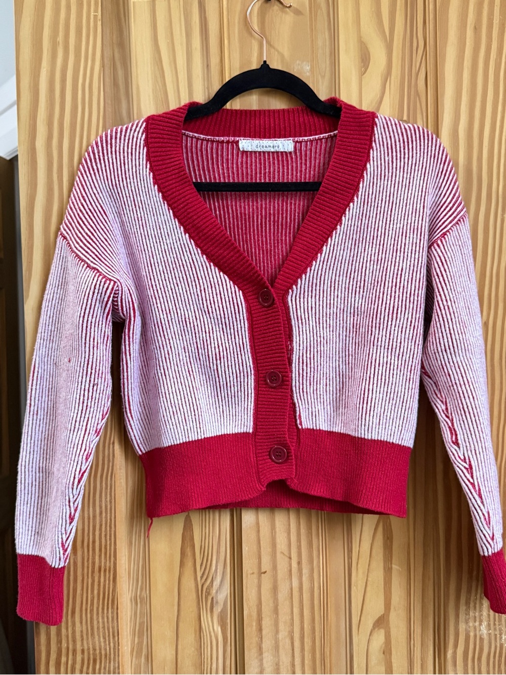 Red and White Ribbed V-Neck Button Cardigan Sweater
